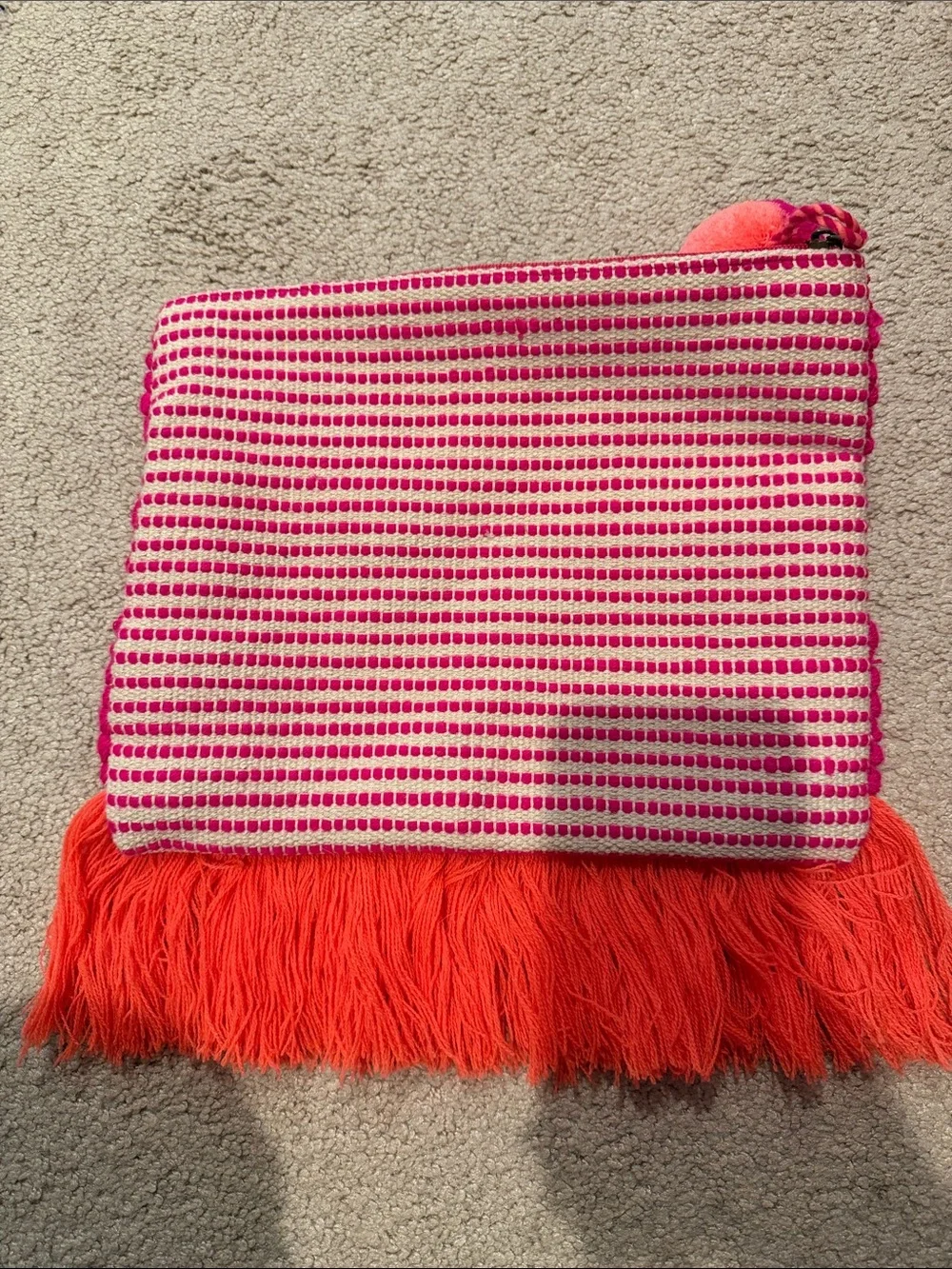 Mud pie Handwoven Pink & Orange Pom Fringe Clutch